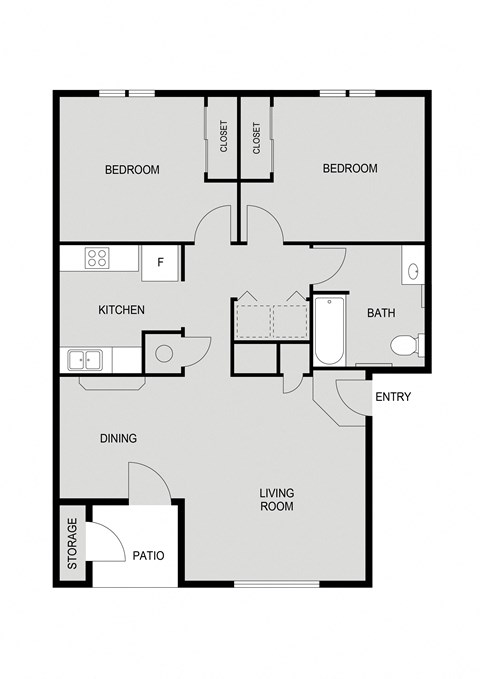 Floor plan for 2 beds, 1 bath, 914 sqft